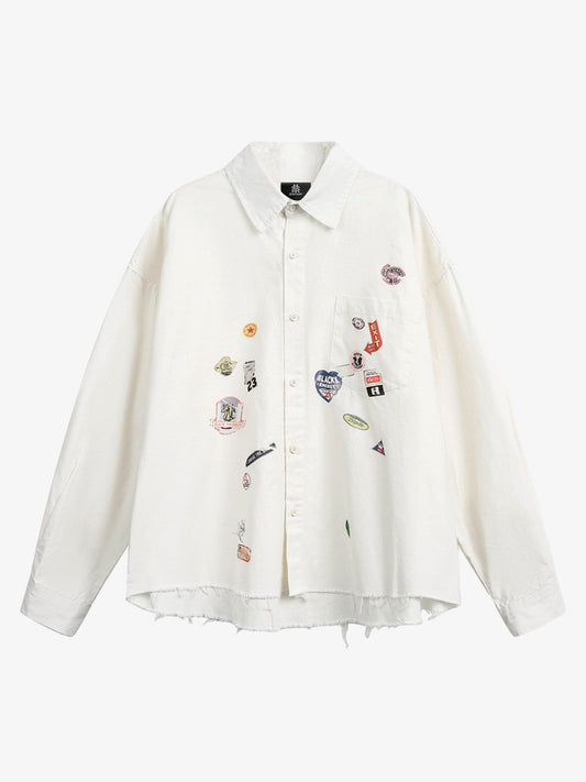Fun Distressed Raw-edge Printed Long-sleeved Shirt 