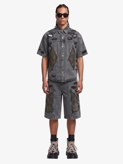 Retro Washed Plaid-Paneled Distressed Denim Set 