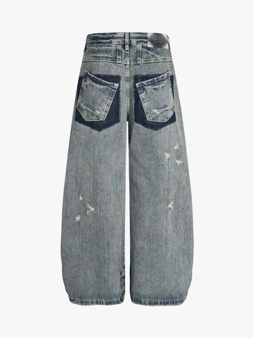 High Waist Distressed Barrel Denim Jeans 