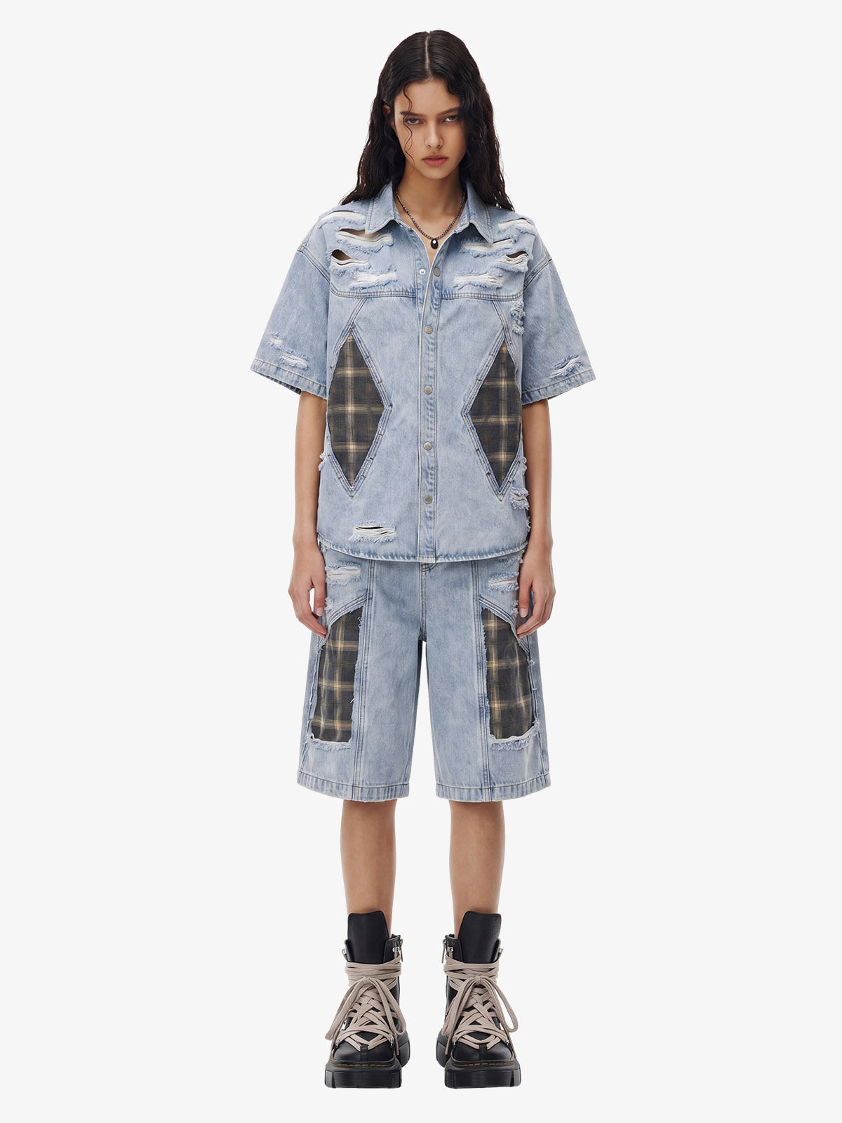 Retro Washed Plaid-Paneled Distressed Denim Set 