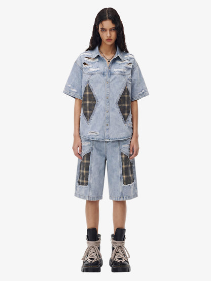 Retro Washed Plaid-Paneled Distressed Denim Set 