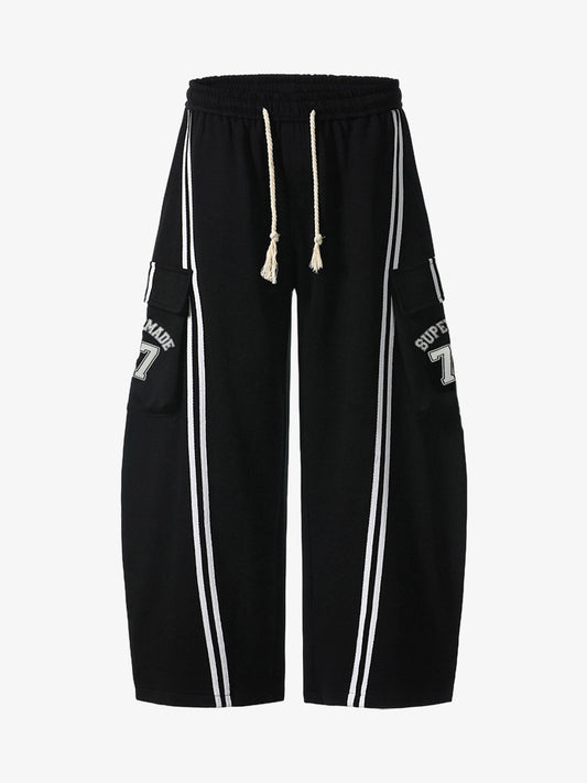 Cotton Web Stitching Letter Print Drawstring Barrel Pants 