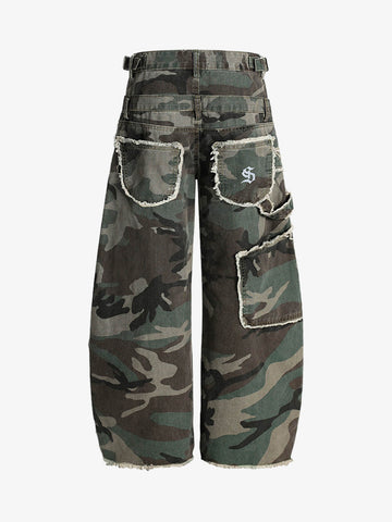 Retro Double Waist Camouflage Barrel Pants - 2555 