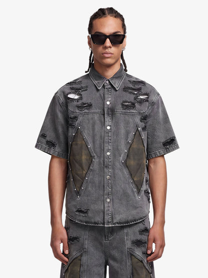 Retro Washed Plaid-Paneled Distressed Denim Set 