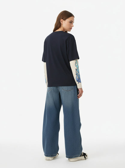 Gradient Letter Print Patchwork Faux Two-Piece Long-Sleeved T-Shirt 