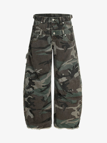 Retro Double Waist Camouflage Barrel Pants - 2555 