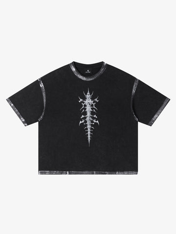 Black Distressed Oversized T-Shirt with Abstract White Print