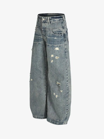 High Waist Distressed Barrel Denim Jeans 