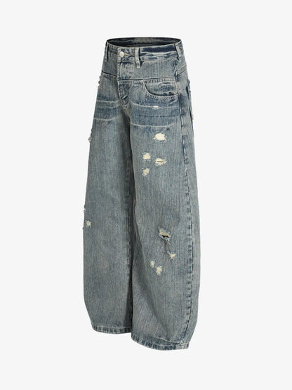 High Waist Distressed Barrel Denim Jeans 
