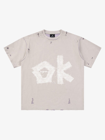 "OK" Patch Color-Block Ripped Reversible T-Shirt 