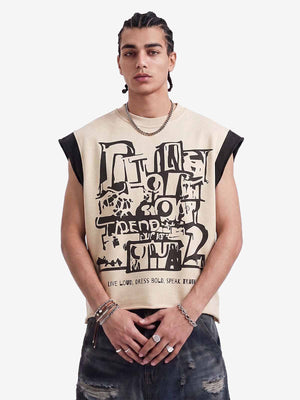 Graffiti-Grafik T-Shirt mit kontrastierenden Kanten und offener Saumkante, ärmellos