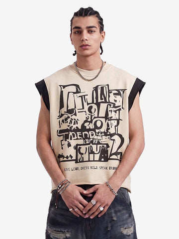 Graffiti-Grafik T-Shirt mit kontrastierenden Kanten und offener Saumkante, ärmellos