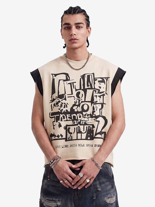 Graffiti-Grafik T-Shirt mit kontrastierenden Kanten und offener Saumkante, ärmellos