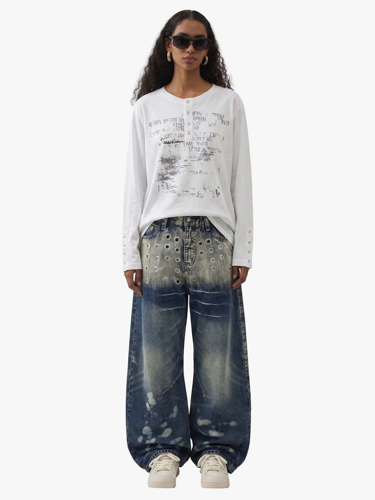 Multi-Eyelet Distressed Gradient Baggy Jeans 