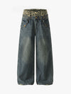Y2K Jeans mit doppeltem Bund und Leopardenmuster, weitem Bein