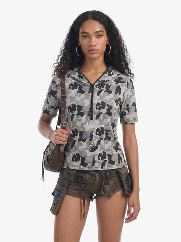 Camo Half Zip Hooded Mid Sleeve T-Shirt 