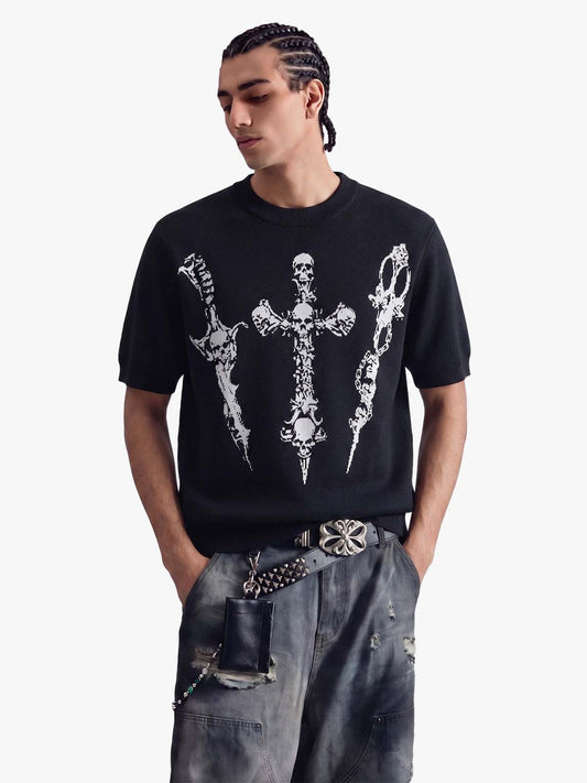 Strick-T-Shirt mit gotischem Kreuzmotiv