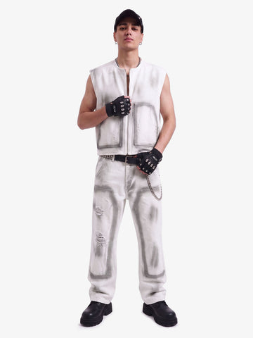 Airbrush Print Sleeveless Vest & Straight Leg Jeans Set 