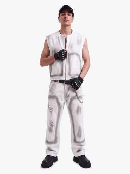 Airbrush Print Sleeveless Vest & Straight Leg Jeans Set 