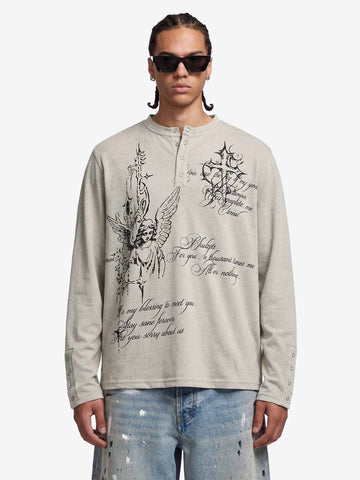 Gothic Angel Graphic Long Sleeve Henley T-Shirt 