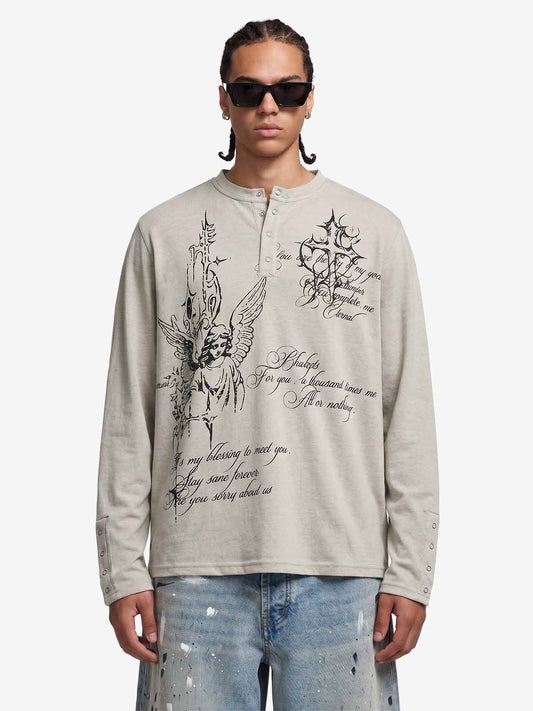 Gothic Angel Graphic Long Sleeve Henley T-Shirt 