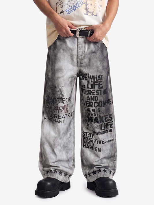 Distressed Dirty Wash Text Grafik Sternbesatz Straight Leg Hose