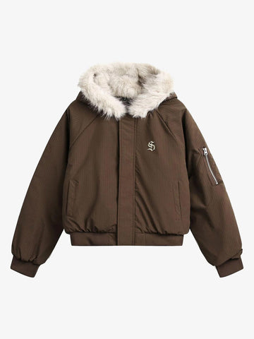 Retro Fur Hooded Fleece Bomber Jacket - 2478 