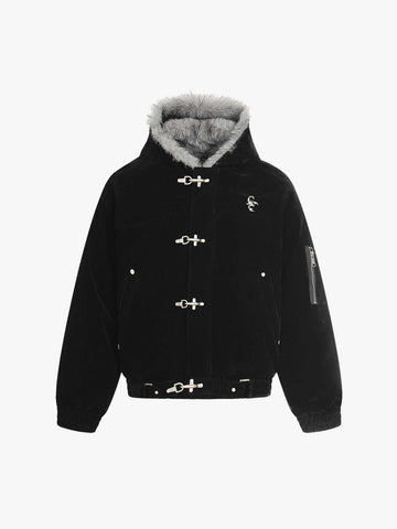 Streetwear Bomberjacke aus Wildlederimitat mit Kunstfellkapuze und Metallclip - 2597