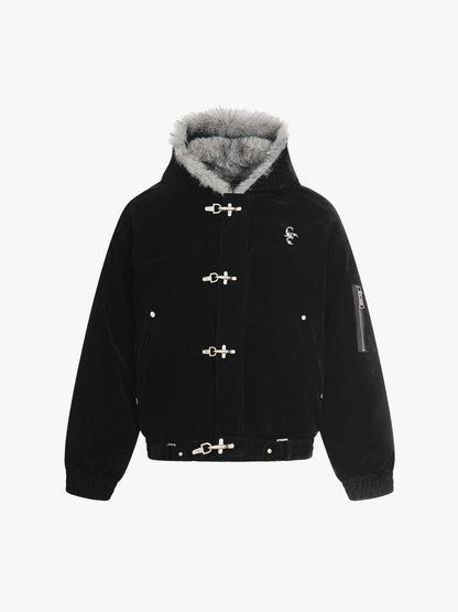 Streetwear Bomberjacke aus Wildlederimitat mit Kunstfellkapuze und Metallclip - 2597