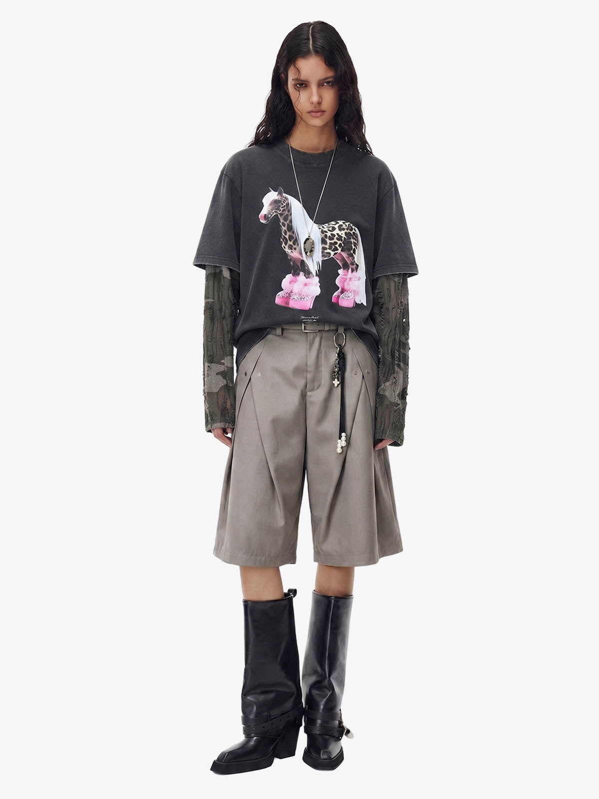 Layered Leopard Horse Graphic Long Sleeve T-Shirt 
