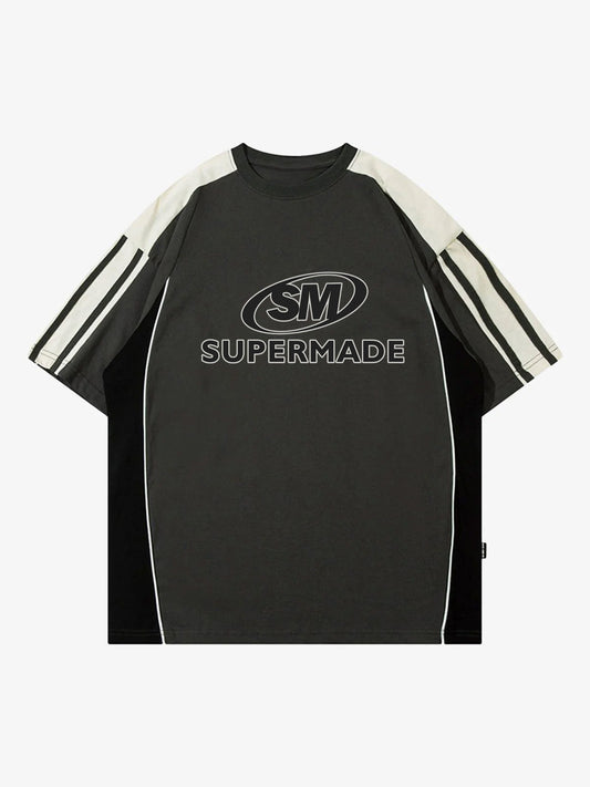 Color-Blocked Strip Racing T-shirt - 2076 