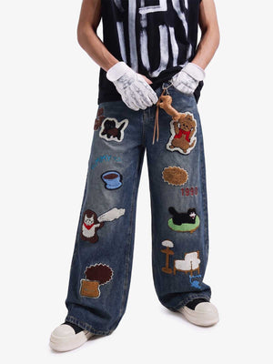 Retro Cartoon Graphic Heavy Embroidery Barrel Jeans - 2562 