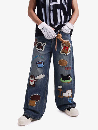 Retro Cartoon Graphic Heavy Embroidery Barrel Jeans - 2562 