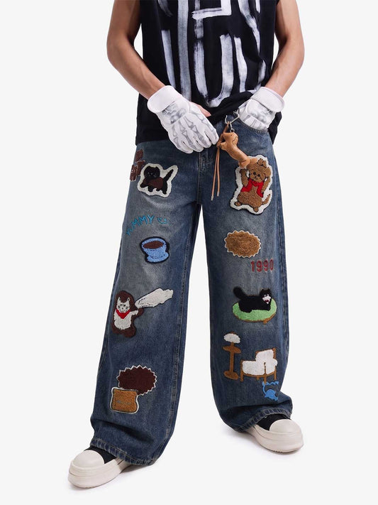 Retro-Cartoon-Grafik-Jeans mit schwerer Stickerei - 2562