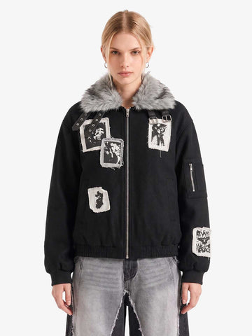 Faux Fur Collar Patchwork Embroidered Quilted Jacket 