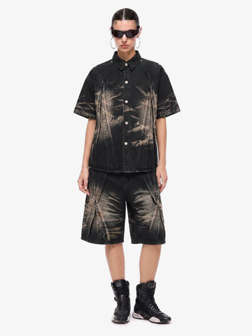 Washed Black Branch Print Deconstructed Denim Set 