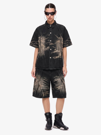 Washed Black Branch Print Deconstructed Denim Set 