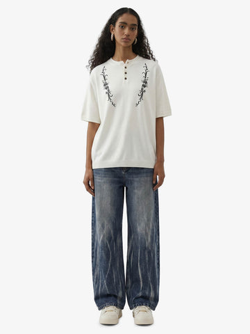 Graphic Floral Knit Henley T-Shirt 