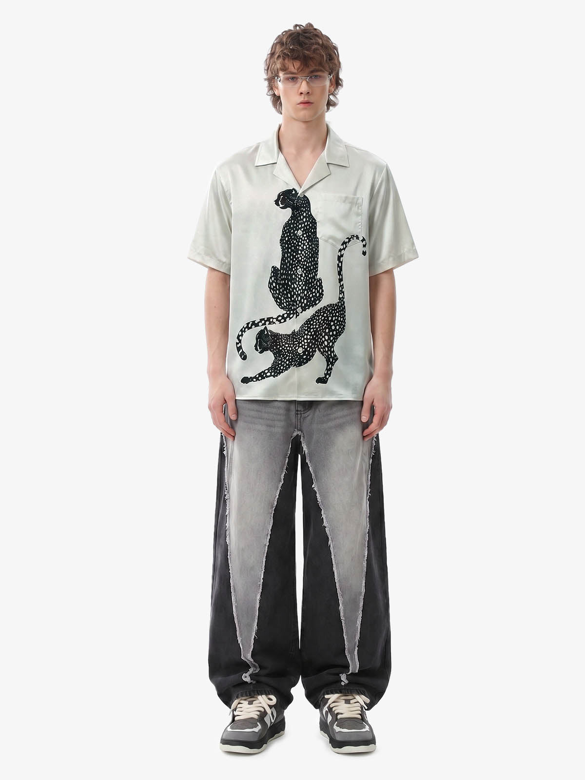 Double Cheetah Graphic Satin Camp Collar Boxy Shirt 