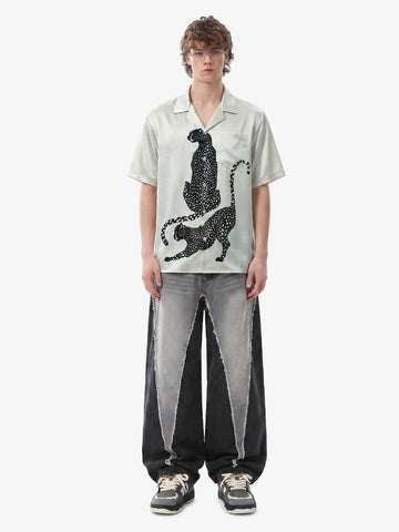 Double Cheetah Graphic Satin Camp Collar Boxy Shirt 