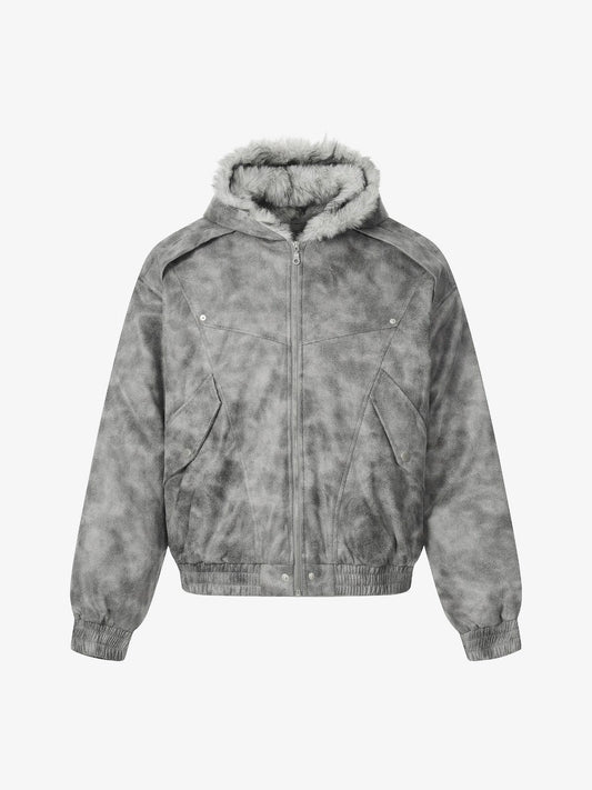 Faux Suede Vintage Wash Fur Hood Padded Jacket - 2553 