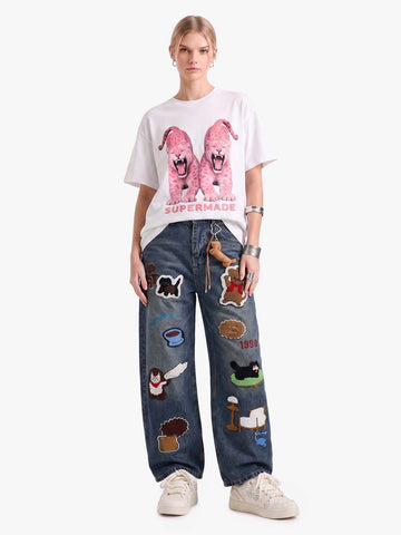 Retro Cartoon Graphic Heavy Embroidery Barrel Jeans - 2562 