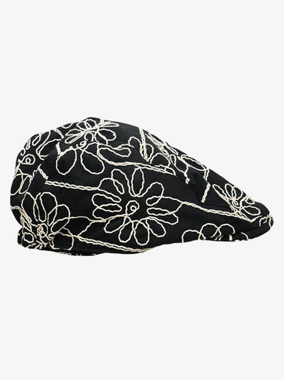 Floral Embroidered Cotton Flat Cap 