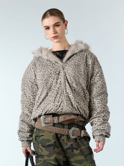 Cotton Cheetah Print Mink Fur Hooded Jacket - 2270 