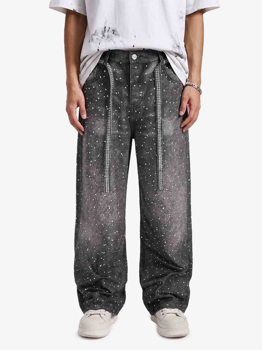 Used-Look-Jeans mit Denim-Gürtel und Diamantbesatz