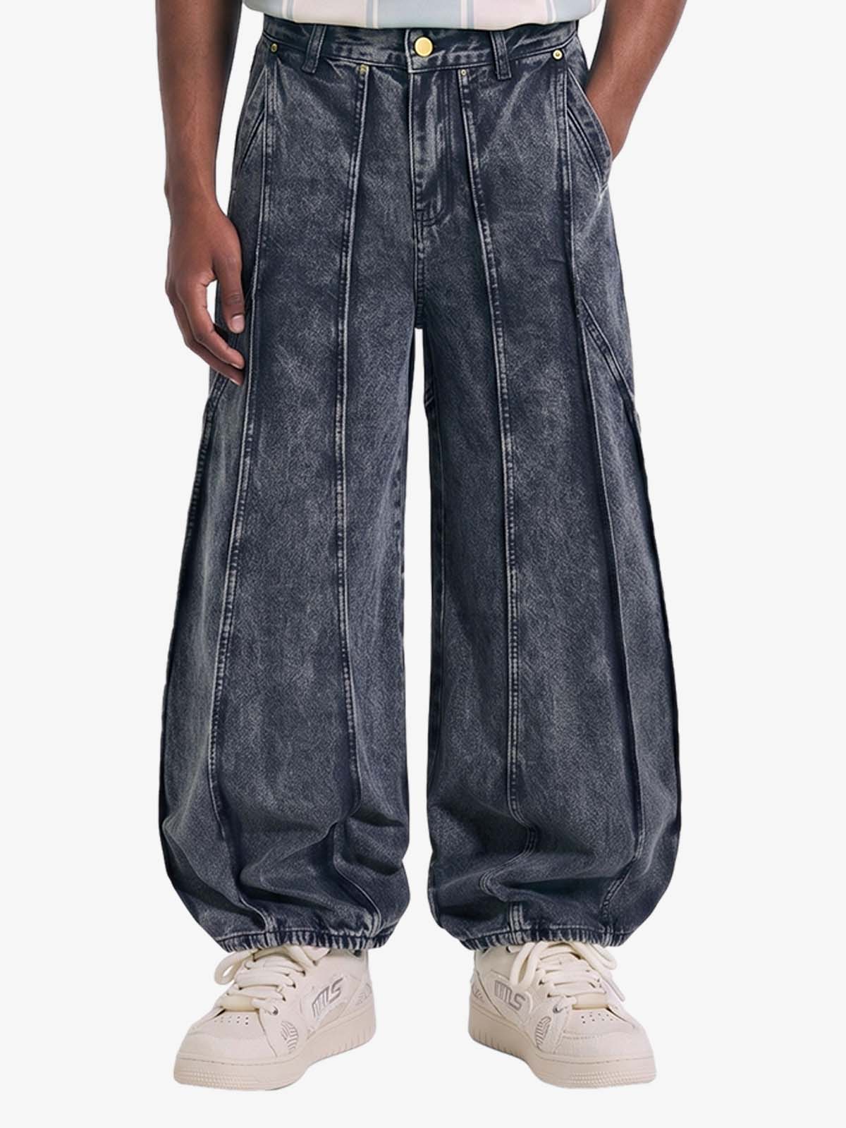 Washed Geometric Panel Barrel Jeans 