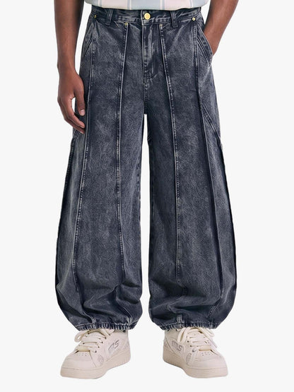 Washed Geometric Panel Barrel Jeans 