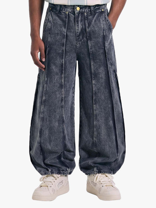 Washed Geometric Panel Barrel Jeans 