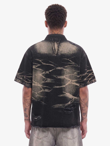Washed Black Branch Print Deconstructed Denim Set 