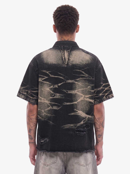 Washed Black Branch Print Deconstructed Denim Set 